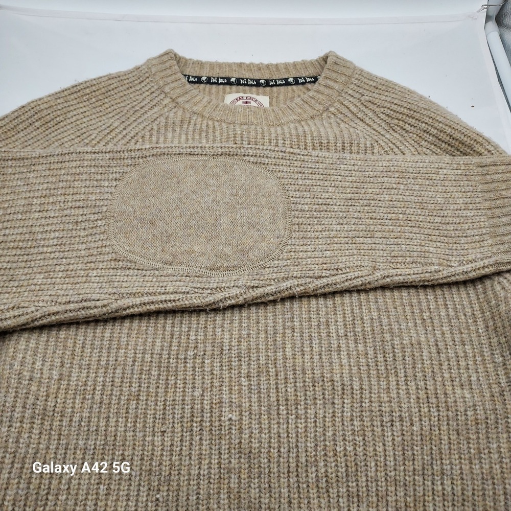 Fat Face Tan Knit Pullover Sweater Elbow Patches Size L‎ Reg